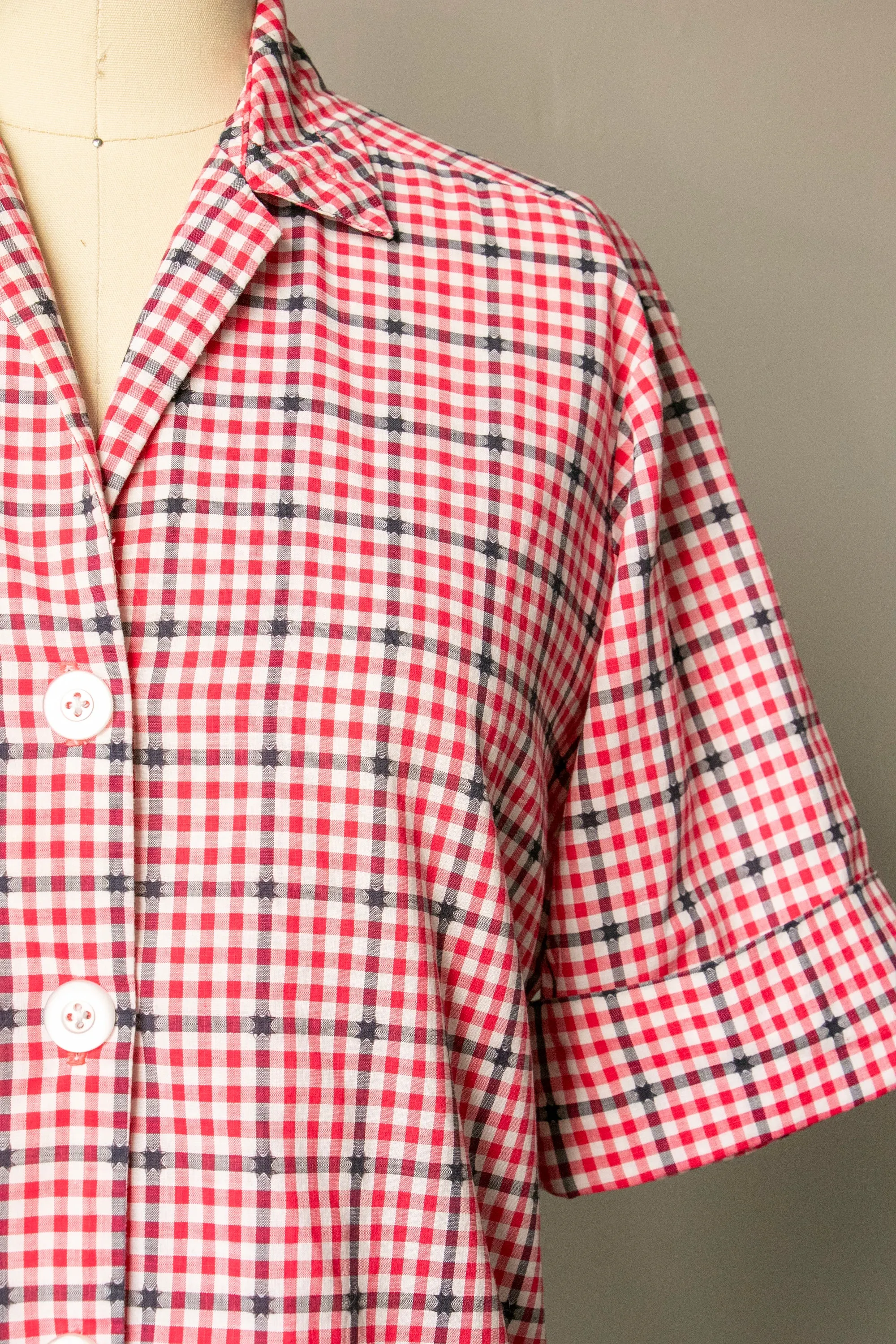 1950s Blouse Cotton Plaid Pocket Top M