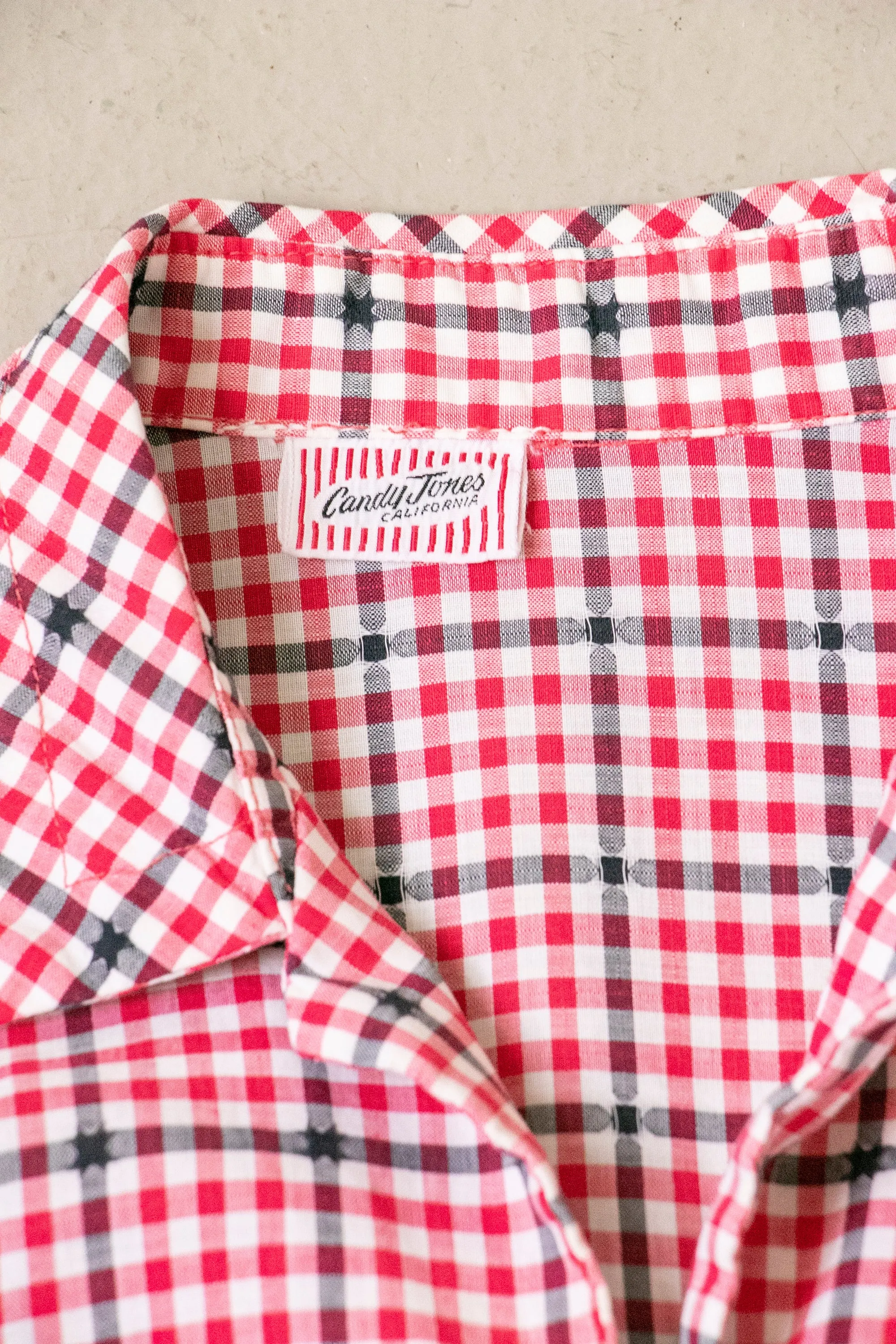 1950s Blouse Cotton Plaid Pocket Top M