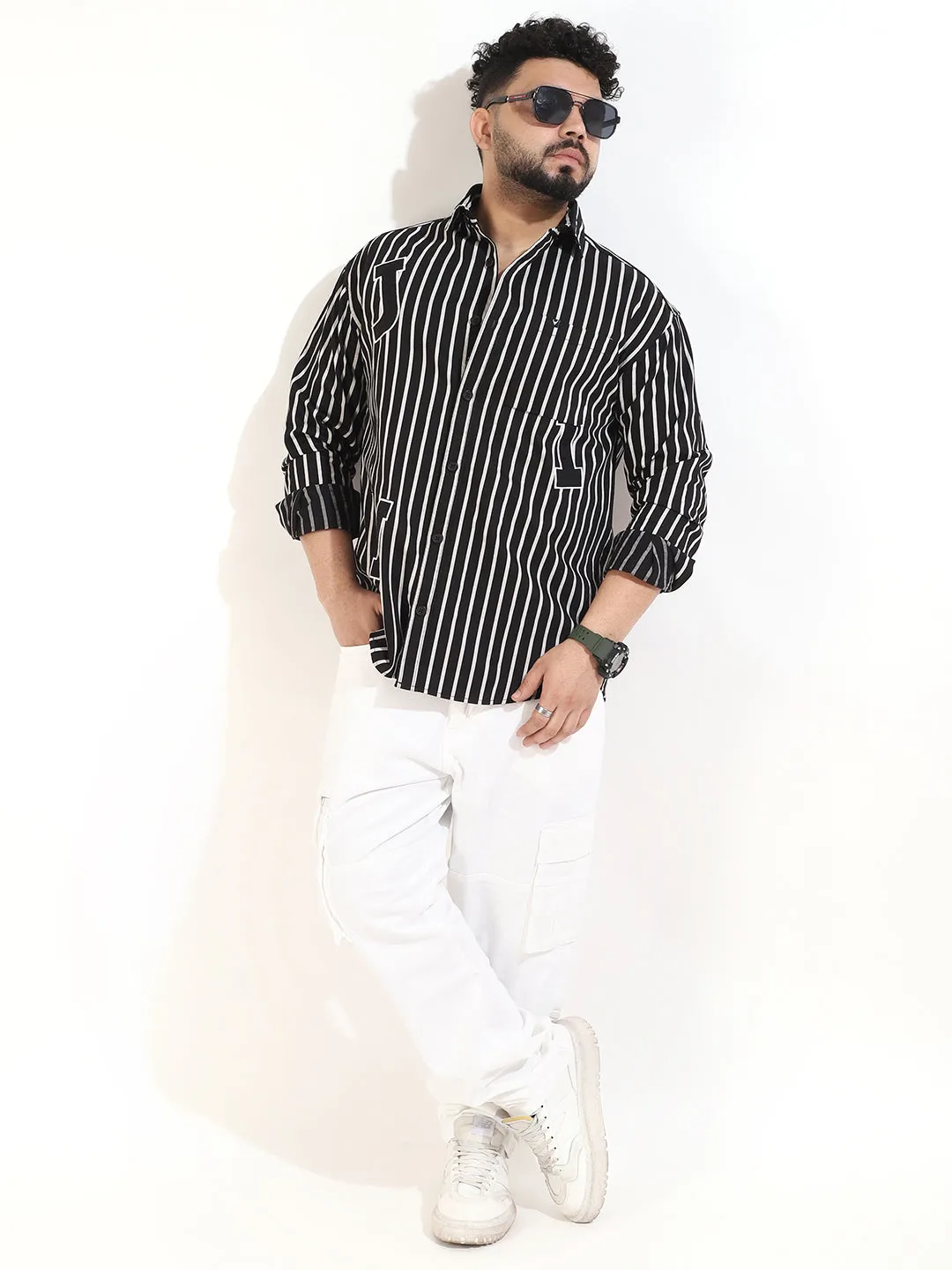 Black Twill Fabric Stripe Shirt