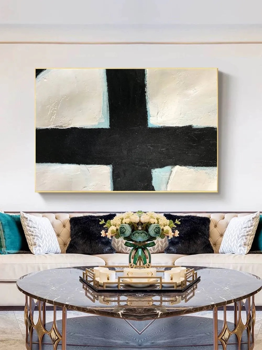 Black White Painting Light Blue Oversized Canvas Painting Yp064