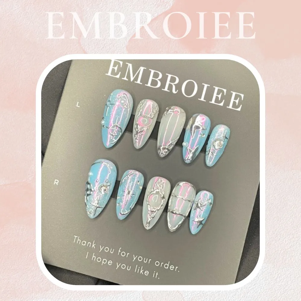 Blue Tone Hand-painted Press On Nails