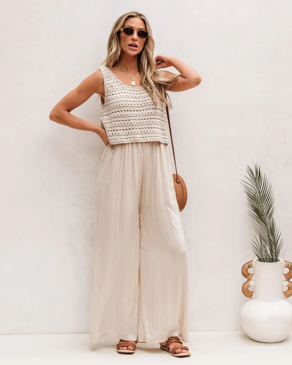 Cream Crochet Slit Jumpsuit