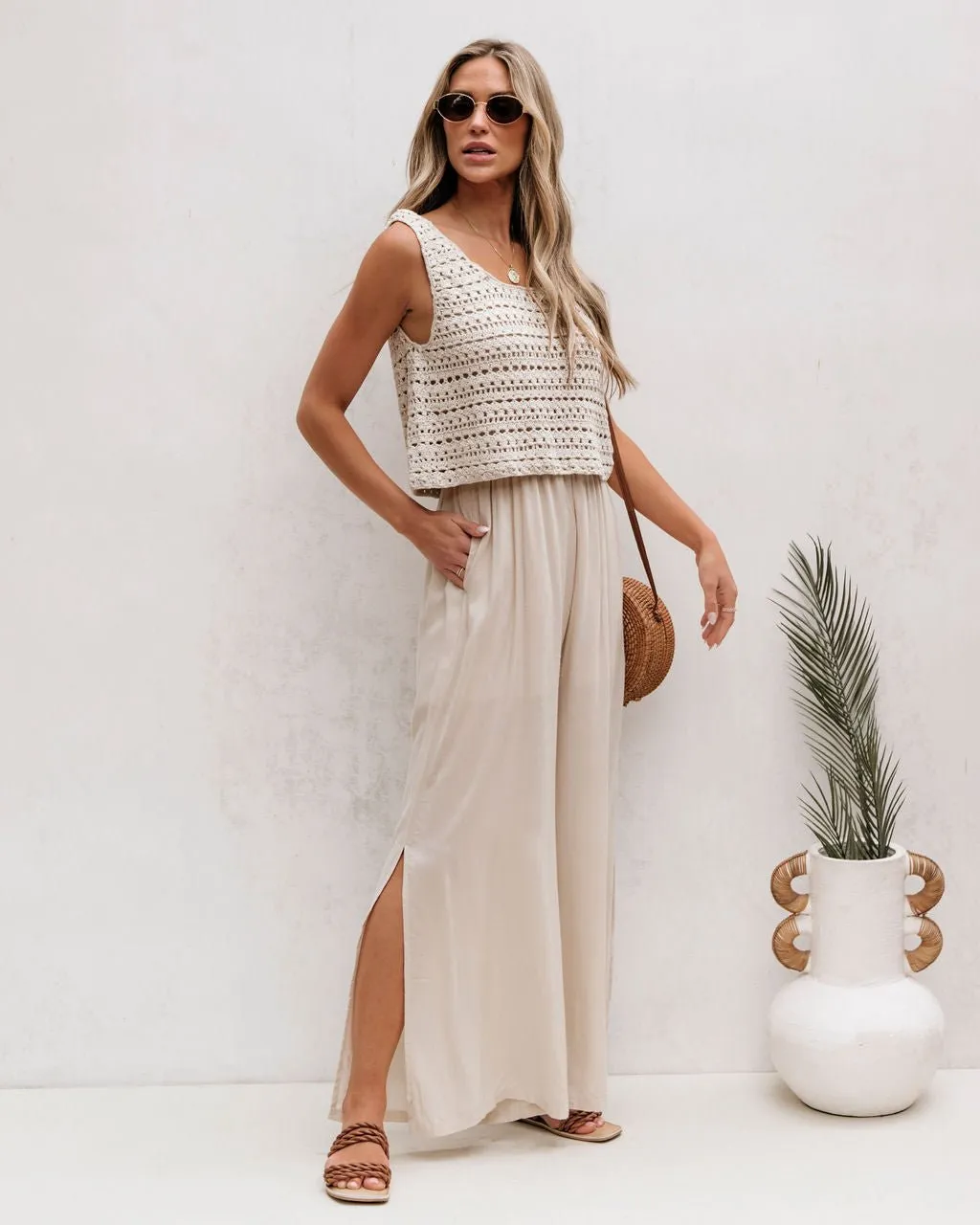 Cream Crochet Slit Jumpsuit