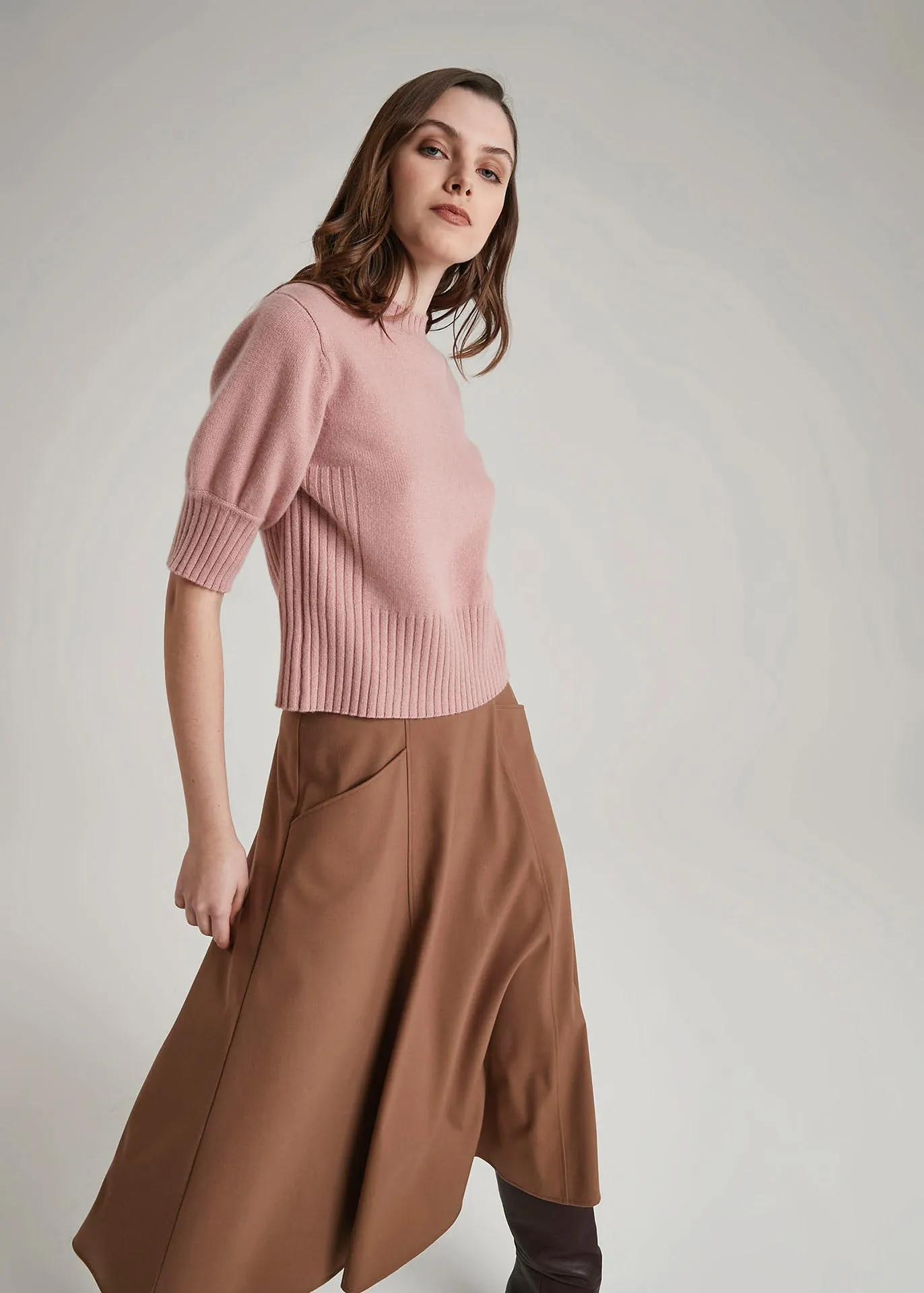 Crew Neck Cashmere Sweater Elbow Length Sleeves - Navy