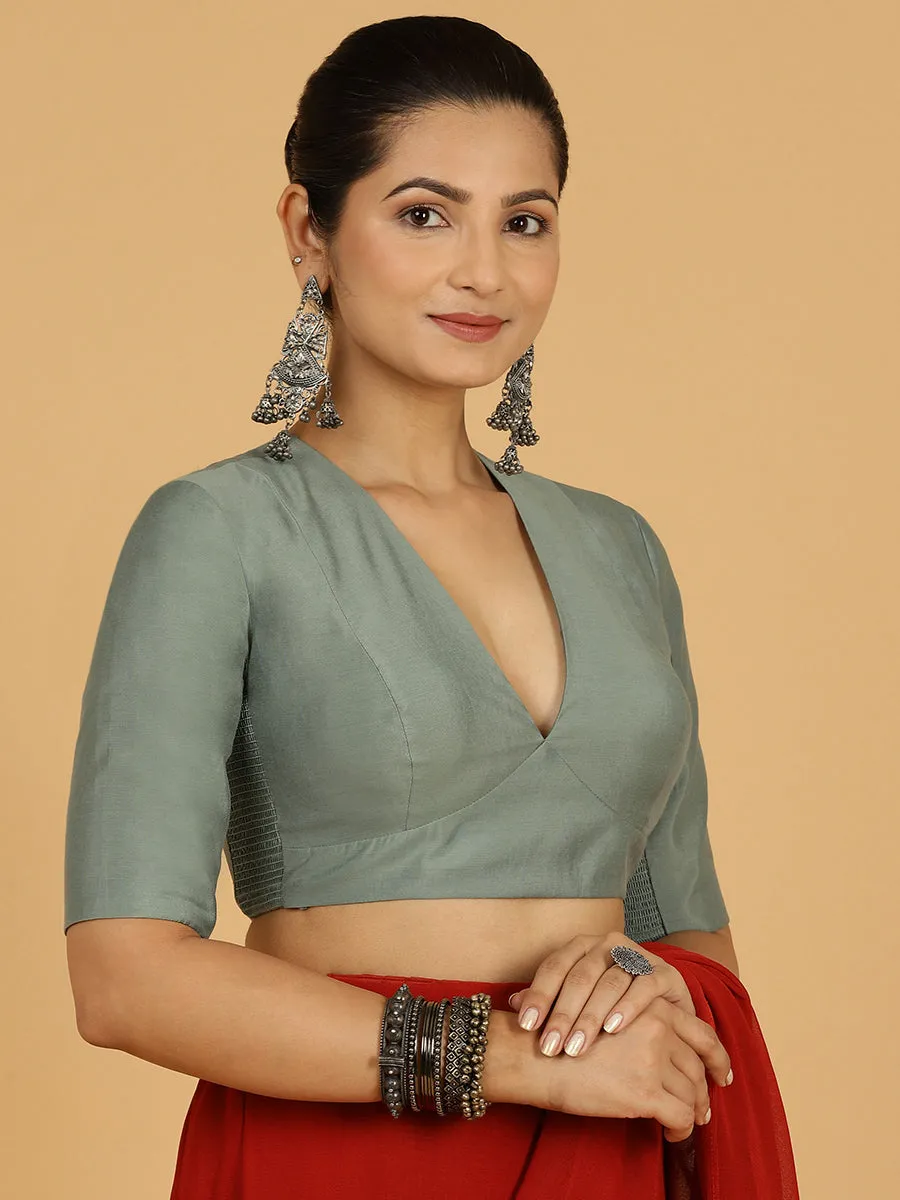 Damini x Rozaana | Mint Green Elbow Sleeves V-Neck Saree Blouse