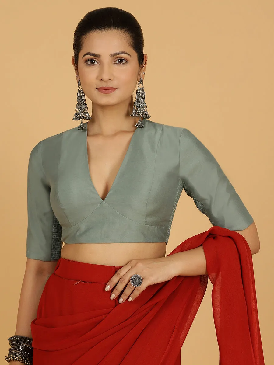 Damini x Rozaana | Mint Green Elbow Sleeves V-Neck Saree Blouse