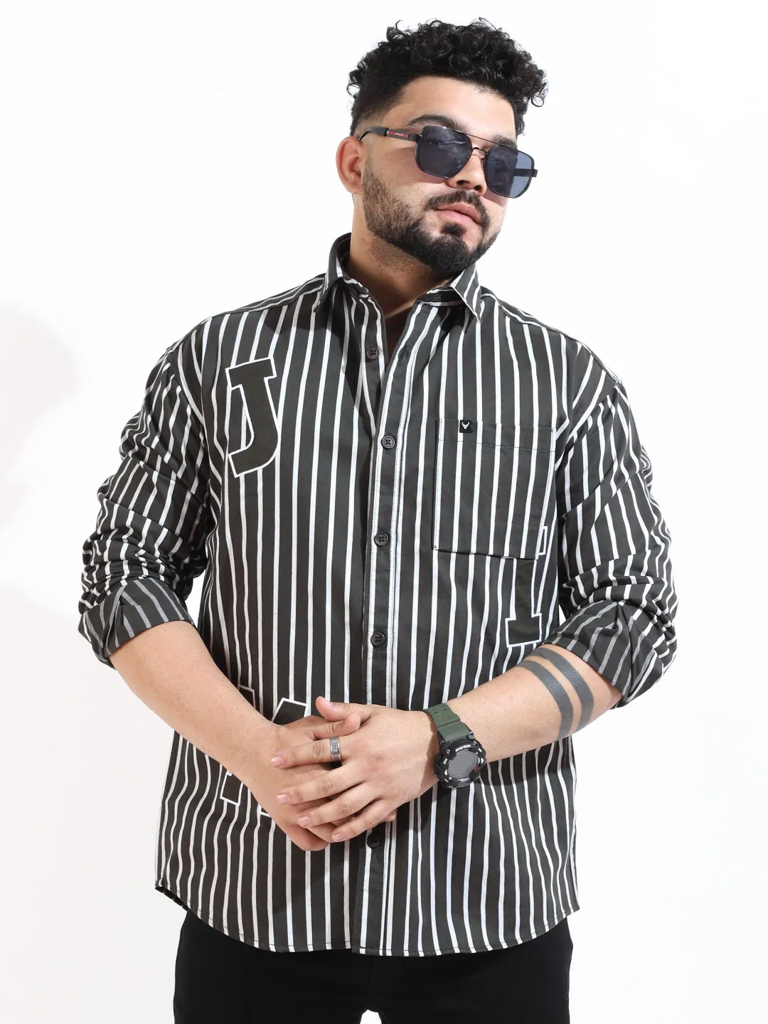 Dark Grey Twill Fabric Stripe Shirt