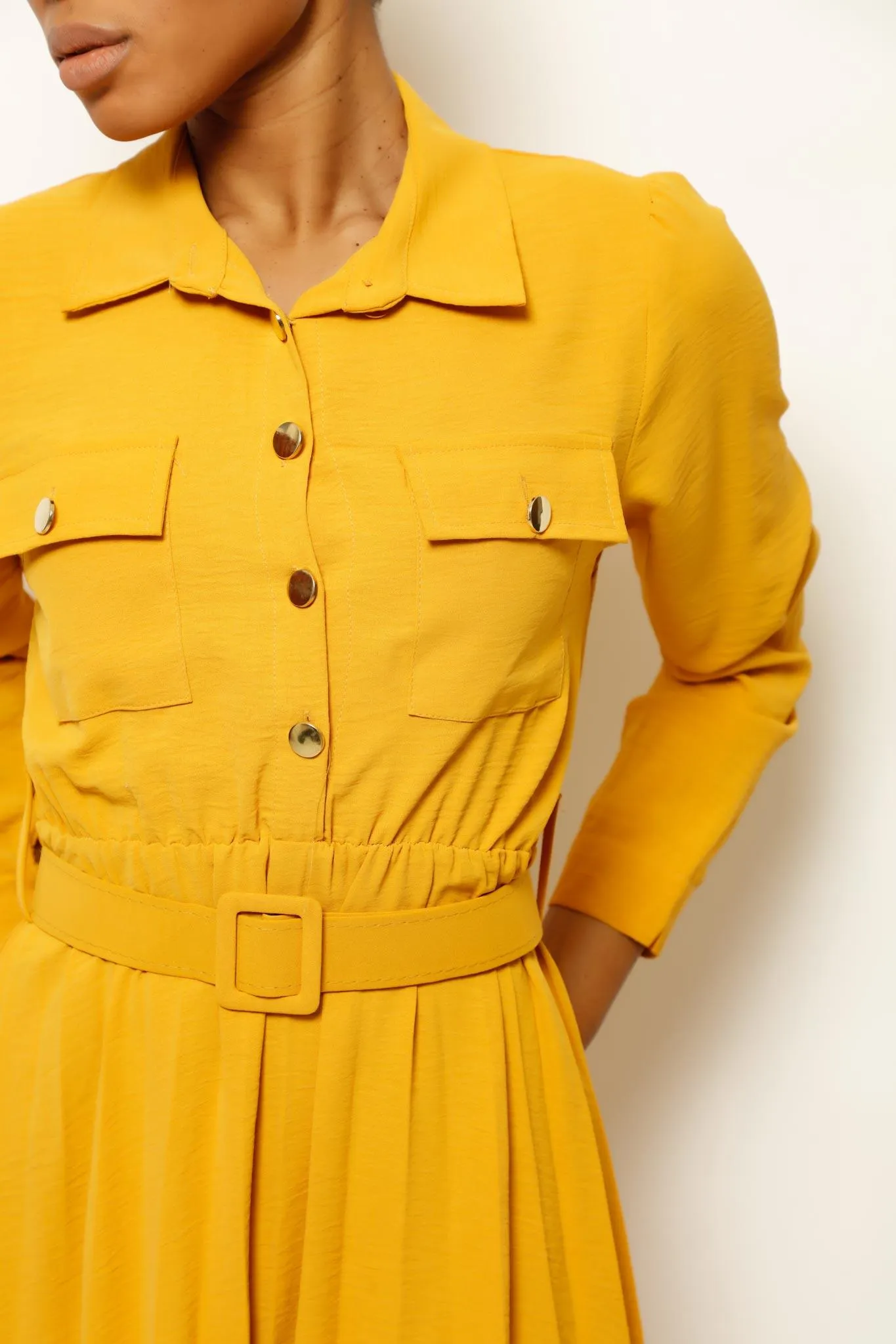 EBLISE COLLARED BELTED MIDI DRESS