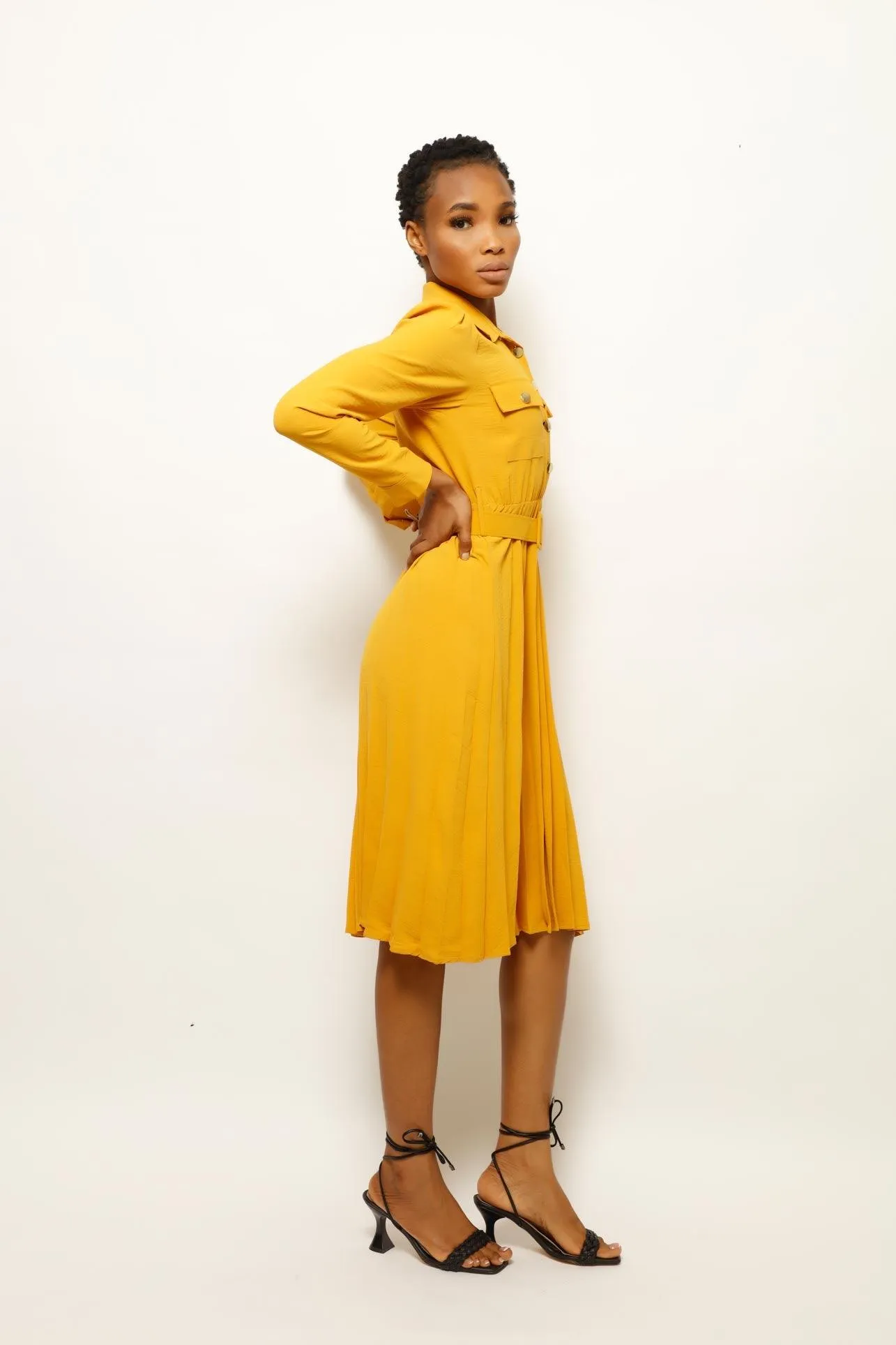 EBLISE COLLARED BELTED MIDI DRESS