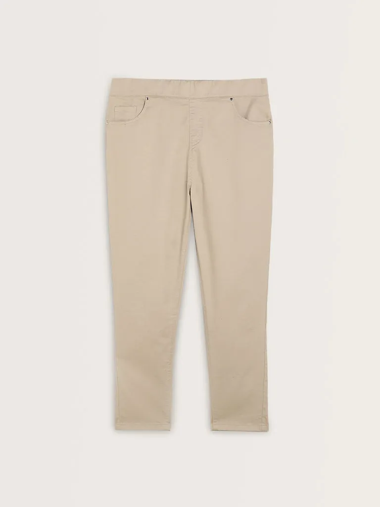 Gia Beige Solid High-Rise Cotton Blend Jeggings