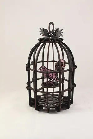 Large Black Bird Cage with White Fantail - Abstract Design