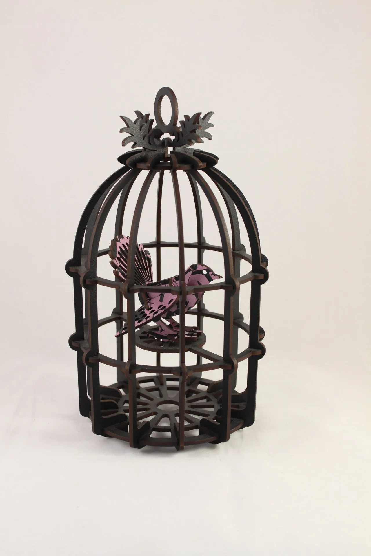 Large Black Bird Cage with White Fantail - Abstract Design