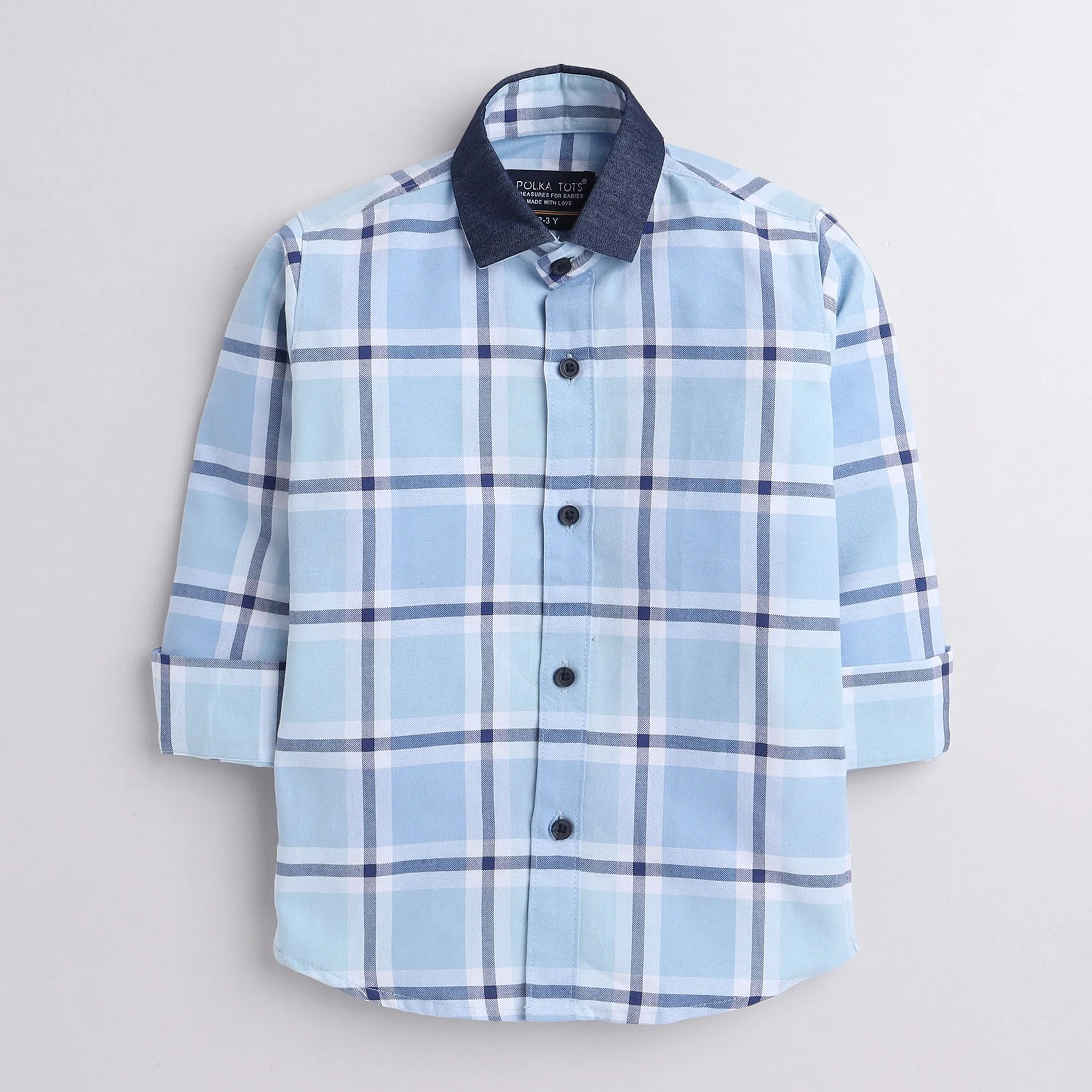Polka Tots full sleeves checks shirt with denim collar denim elbow patch - Light Blue