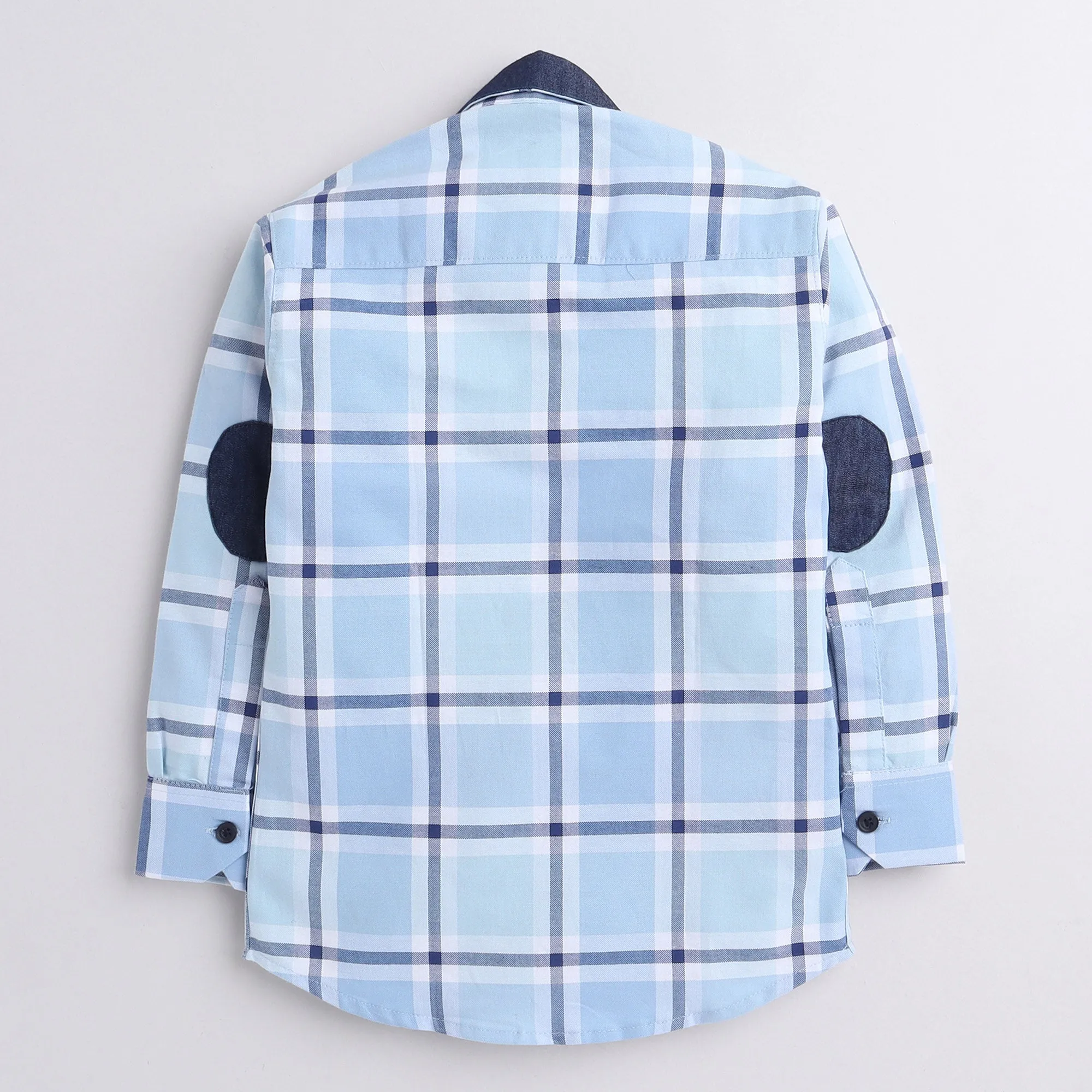 Polka Tots full sleeves checks shirt with denim collar denim elbow patch - Light Blue