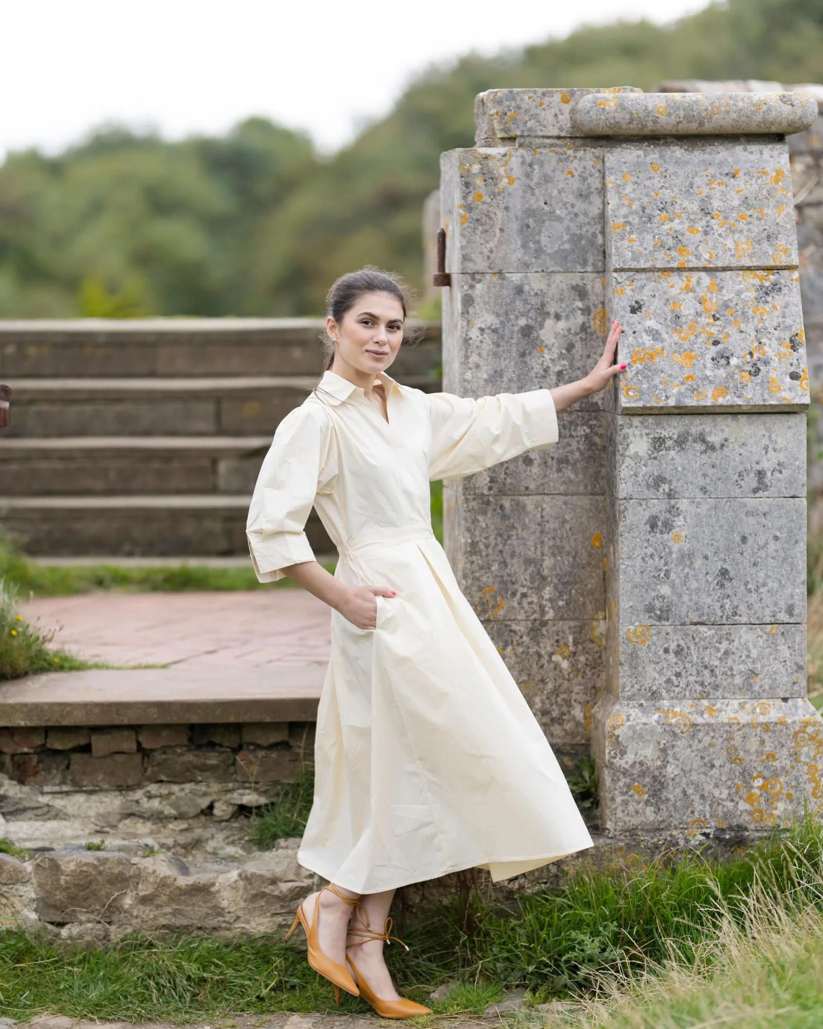 "Mila" Cotton Blend Beige Midi Dress | Beige