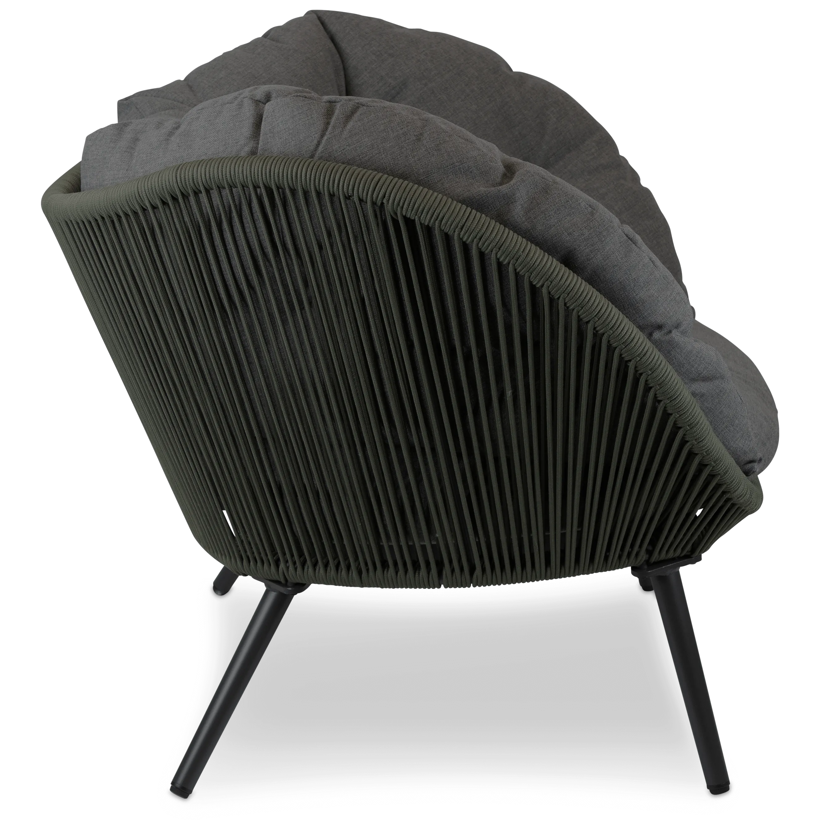Santa Monica Cocoon Chair with Soft Ash Olefin Cushions, Bonsai Olefin Rope and Gunmetal Aluminium Frame