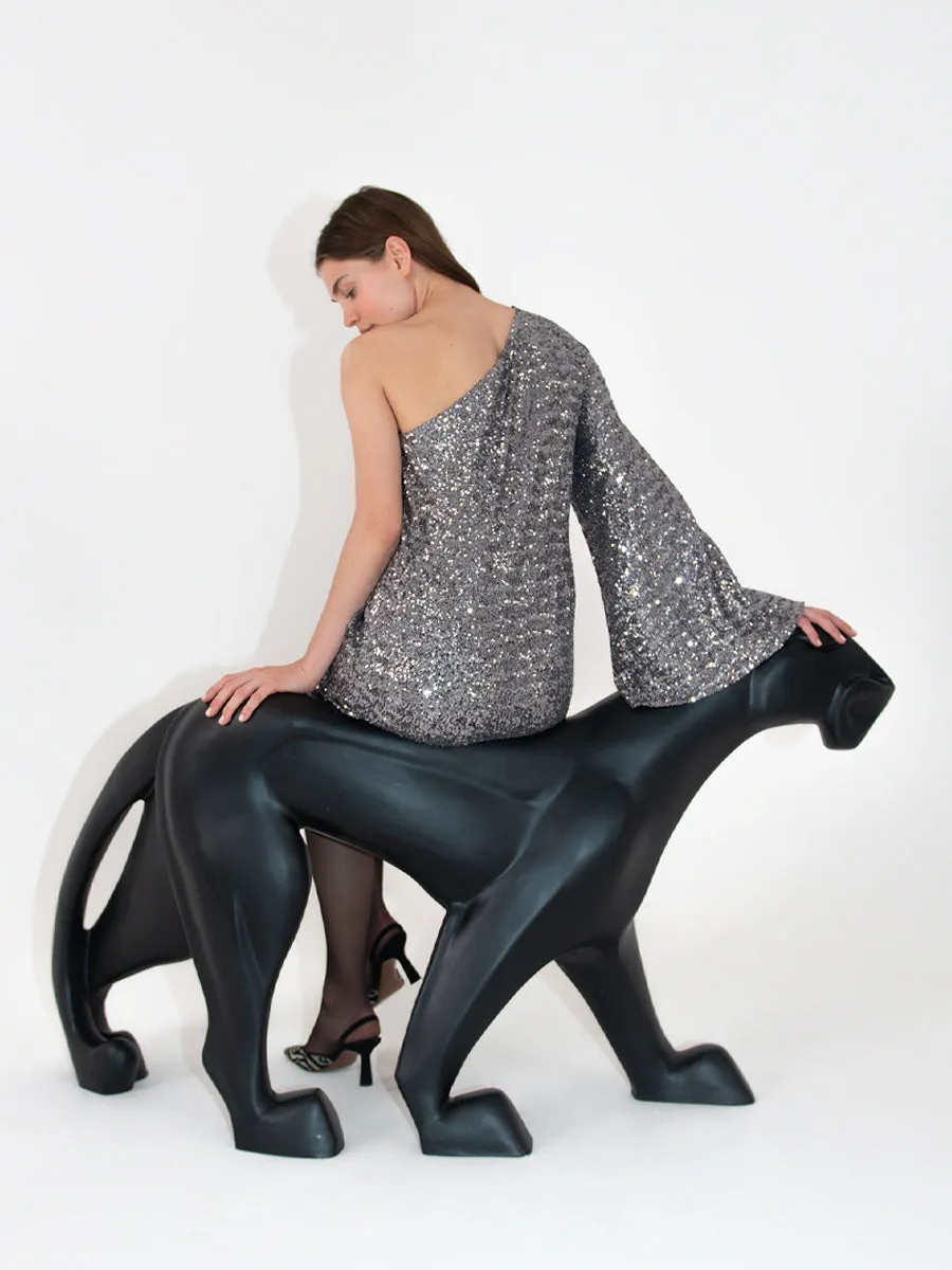 Vida Sequin One Shoulder Mini Dress - Pewter