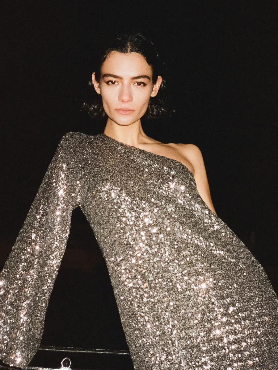Vida Sequin One Shoulder Mini Dress - Pewter